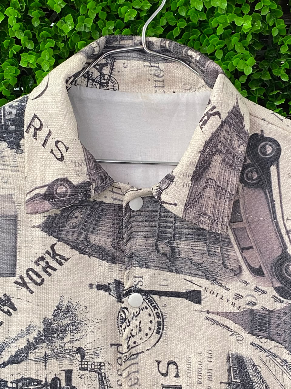 Beige Newspaper-Print Cropped Jacket