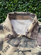 Beige Newspaper-Print Cropped Jacket