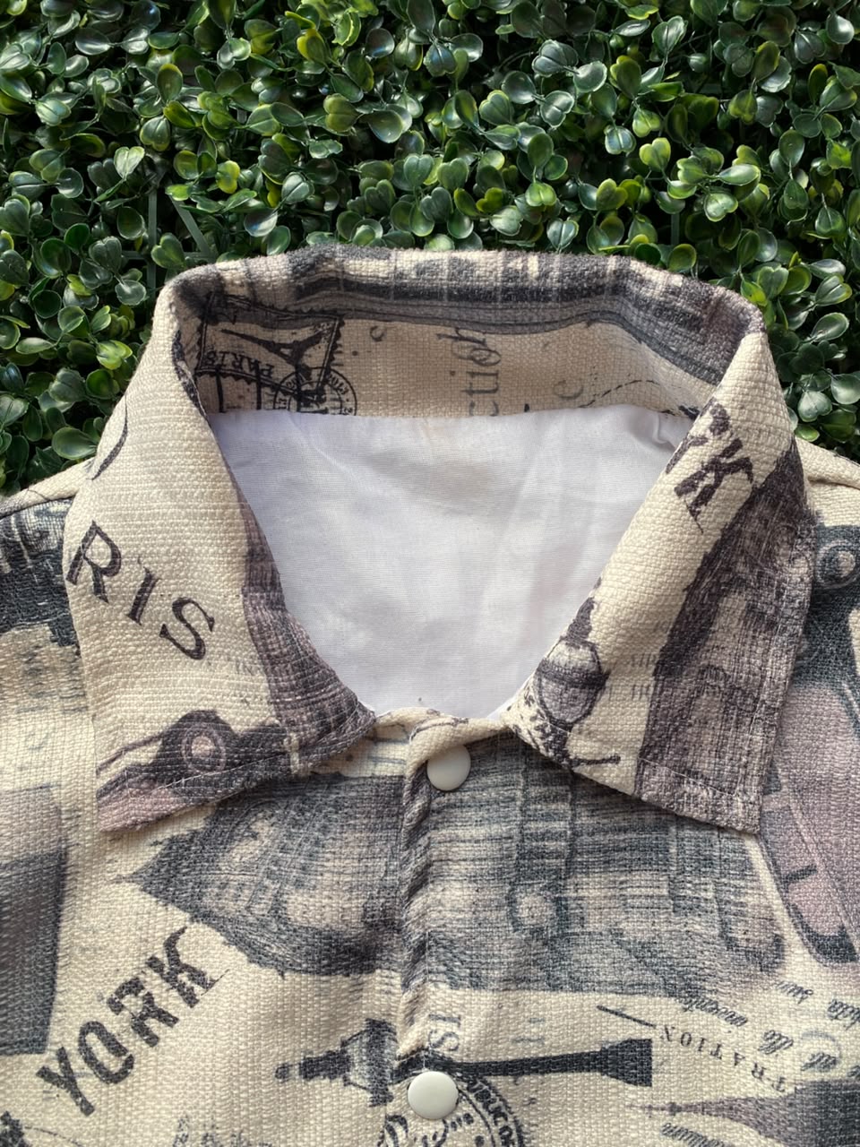 Beige Newspaper-Print Cropped Jacket