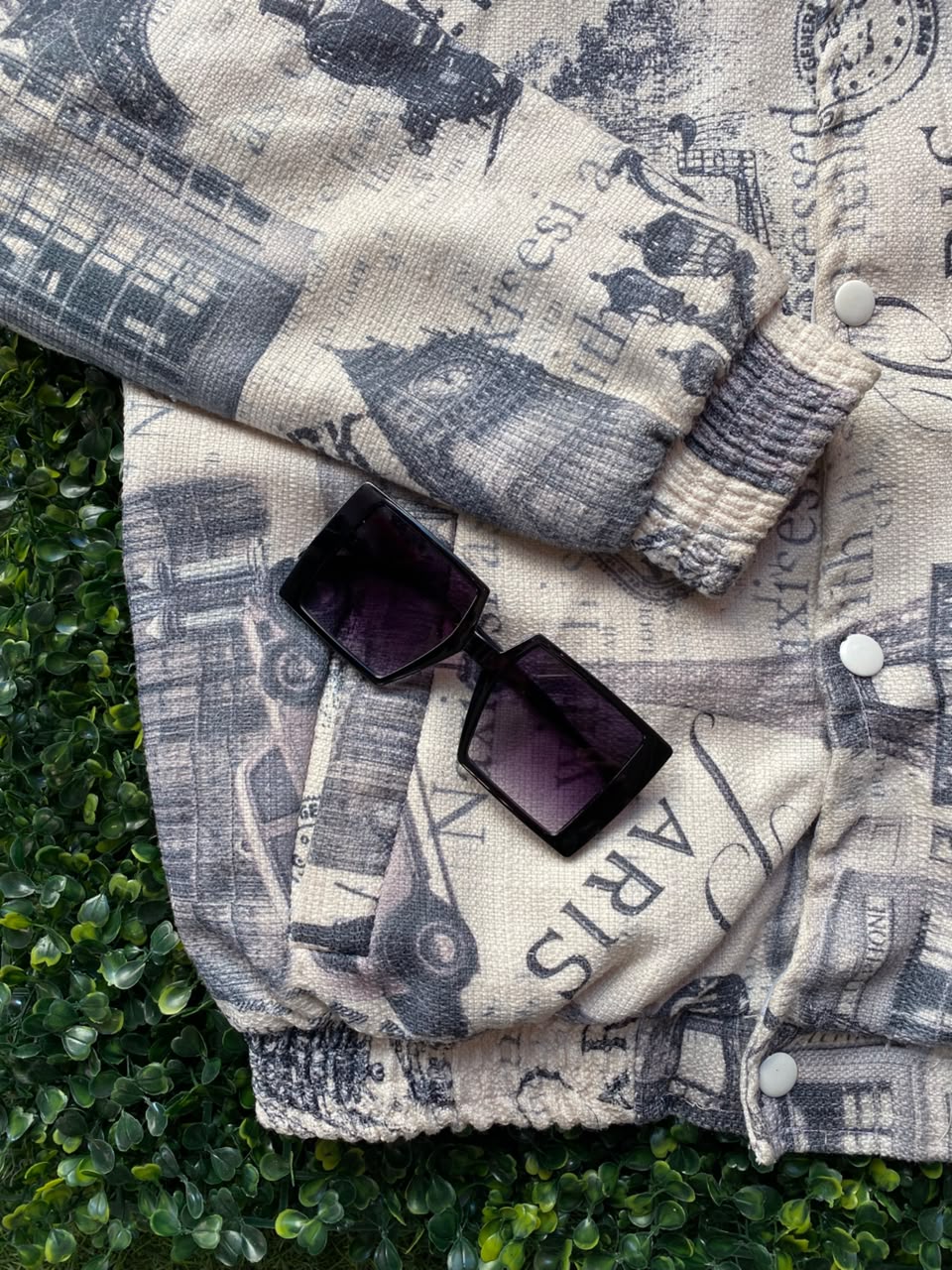 Beige Newspaper-Print Cropped Jacket