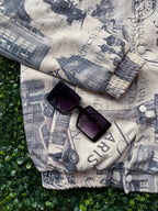 Beige Newspaper-Print Cropped Jacket