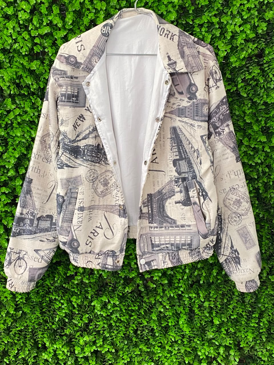 Beige Newspaper-Print Cropped Jacket