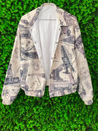 Beige Newspaper-Print Cropped Jacket