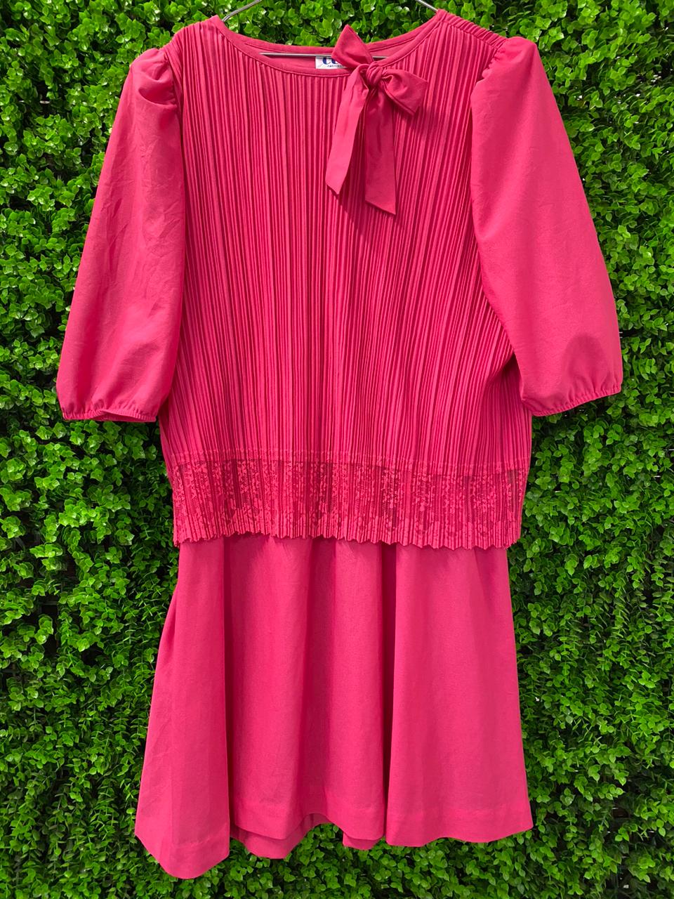 Hot Pink Pleated Bow Dress
