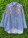 Blue Embroidered Chambray Longline Shirt