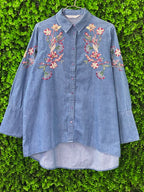 Blue Embroidered Chambray Longline Shirt