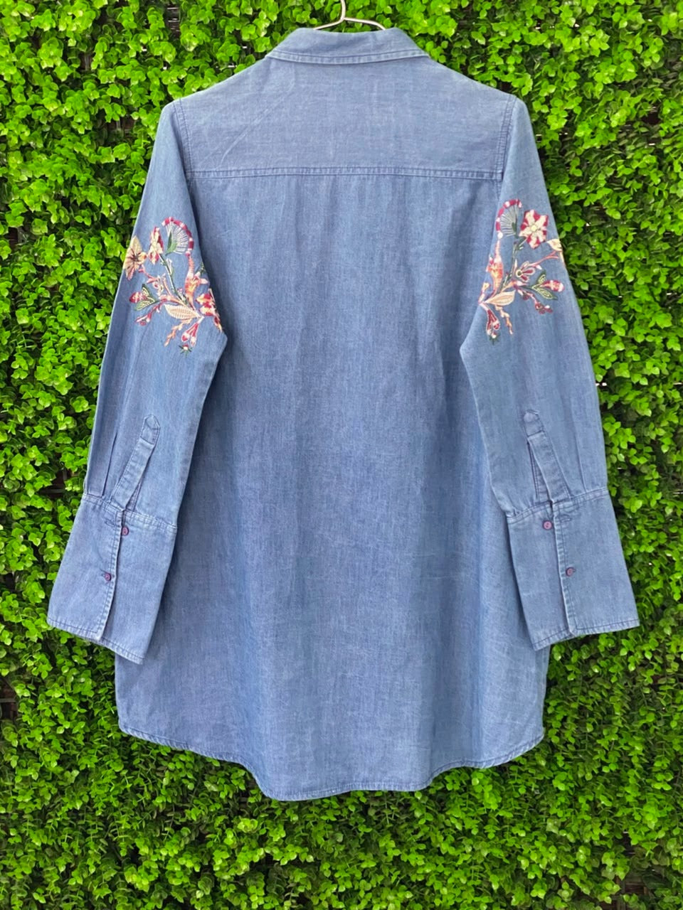 Blue Embroidered Chambray Longline Shirt