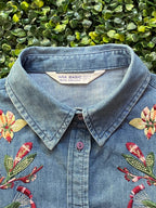 Blue Embroidered Chambray Longline Shirt