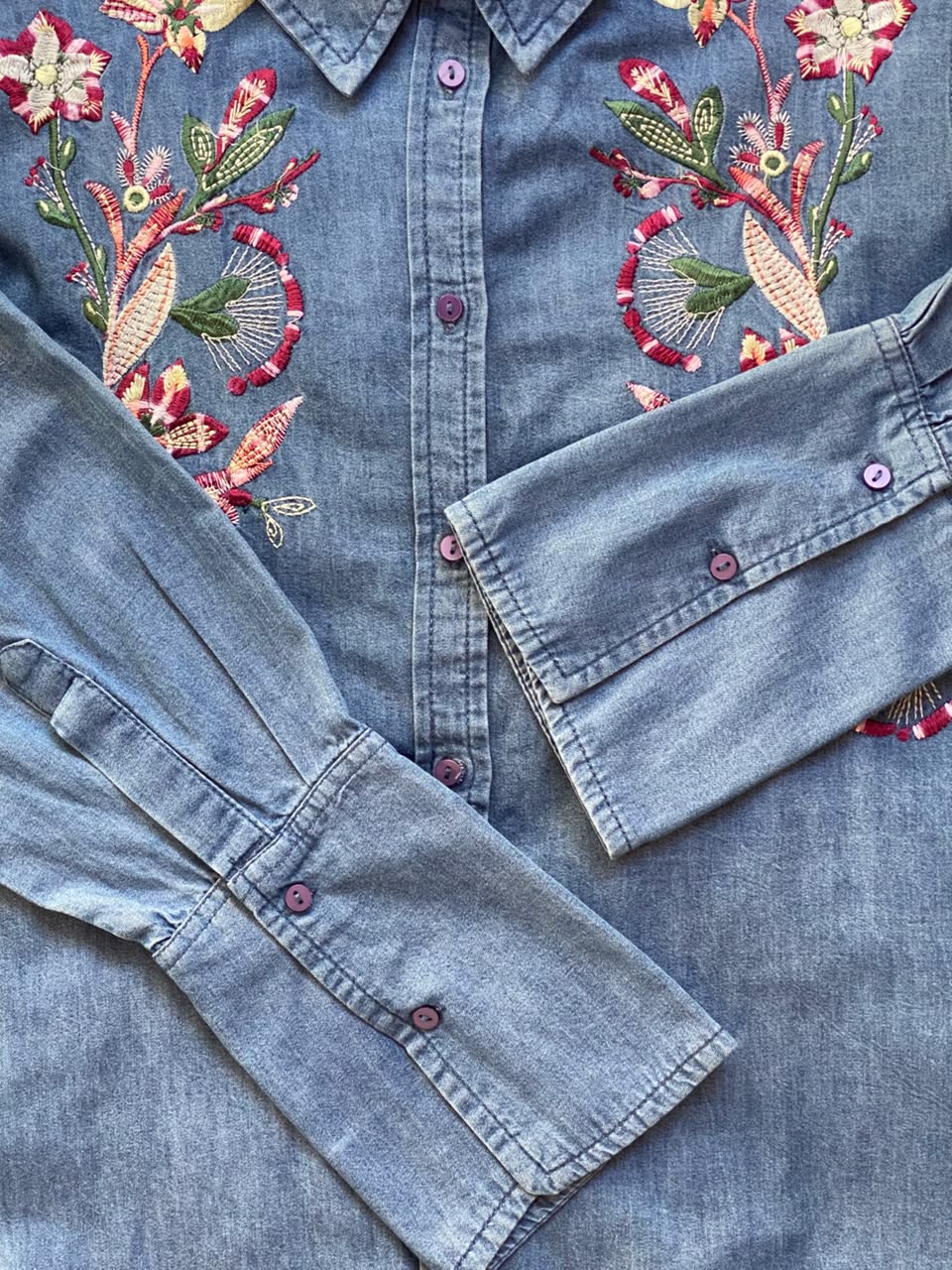 Blue Embroidered Chambray Longline Shirt