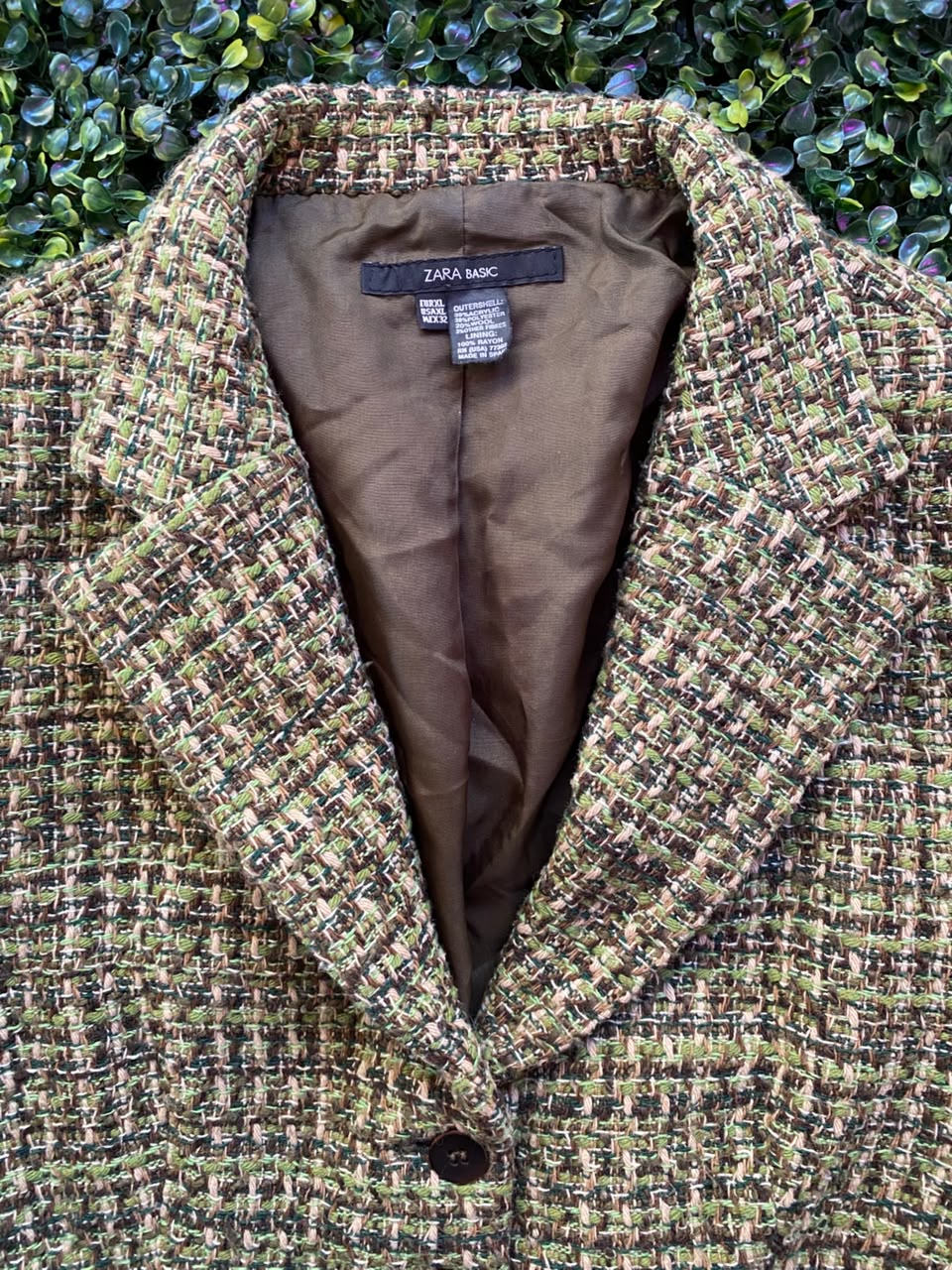 Zara Basic Olive Tweed Tailored Blazer