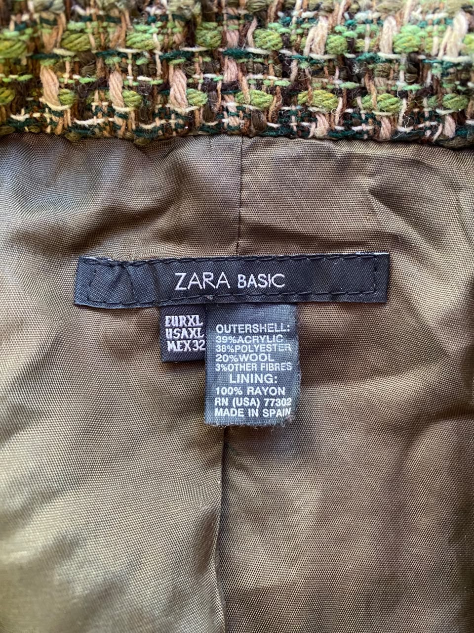 Zara Basic Olive Tweed Tailored Blazer