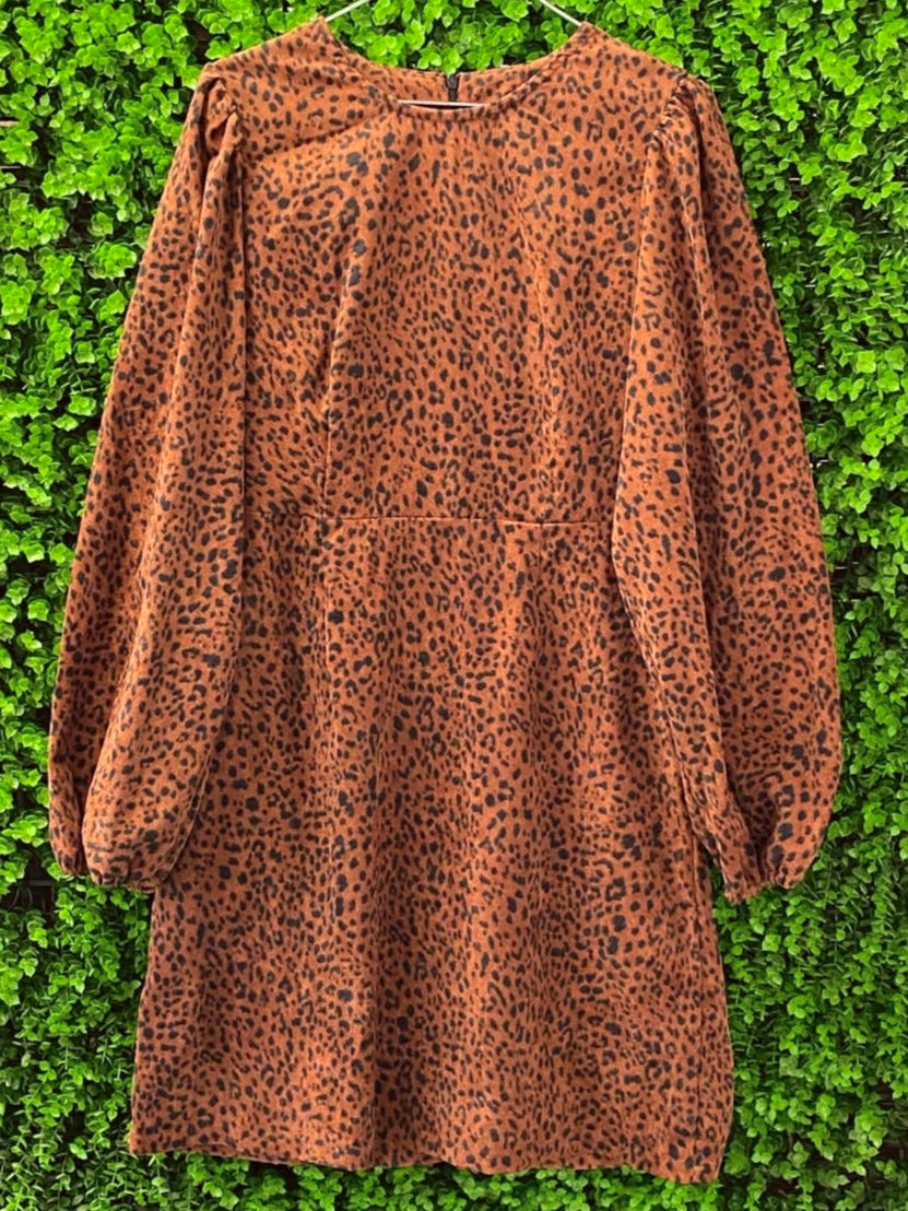 Belsa Rust Leopard Balloon-Sleeve Mini Dress