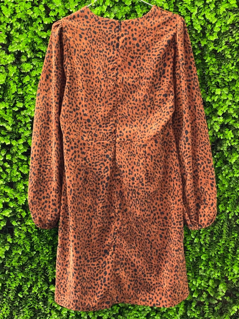 Belsa Rust Leopard Balloon-Sleeve Mini Dress