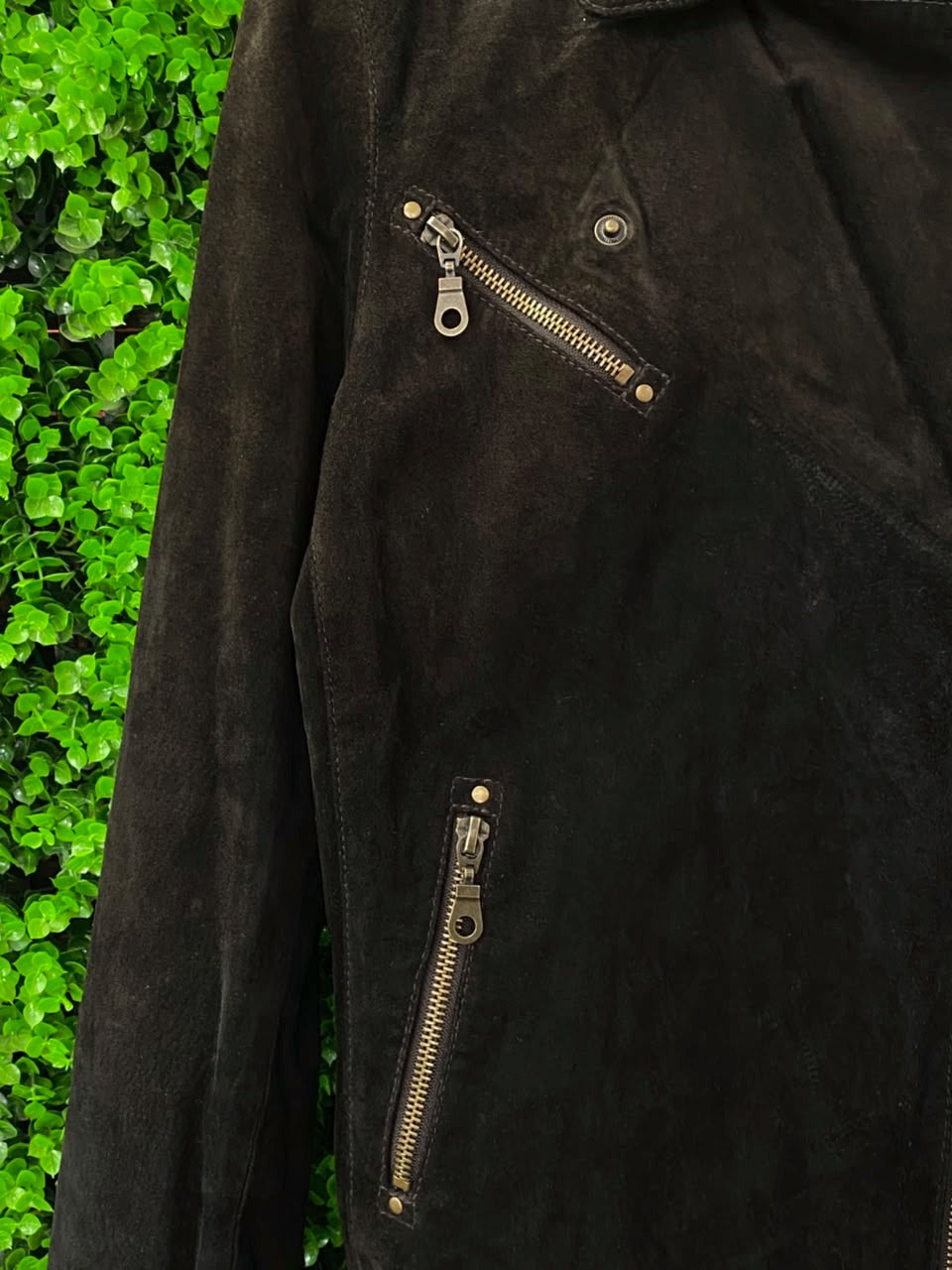 Black Real Pig-Suede Biker Jacket — zip detail