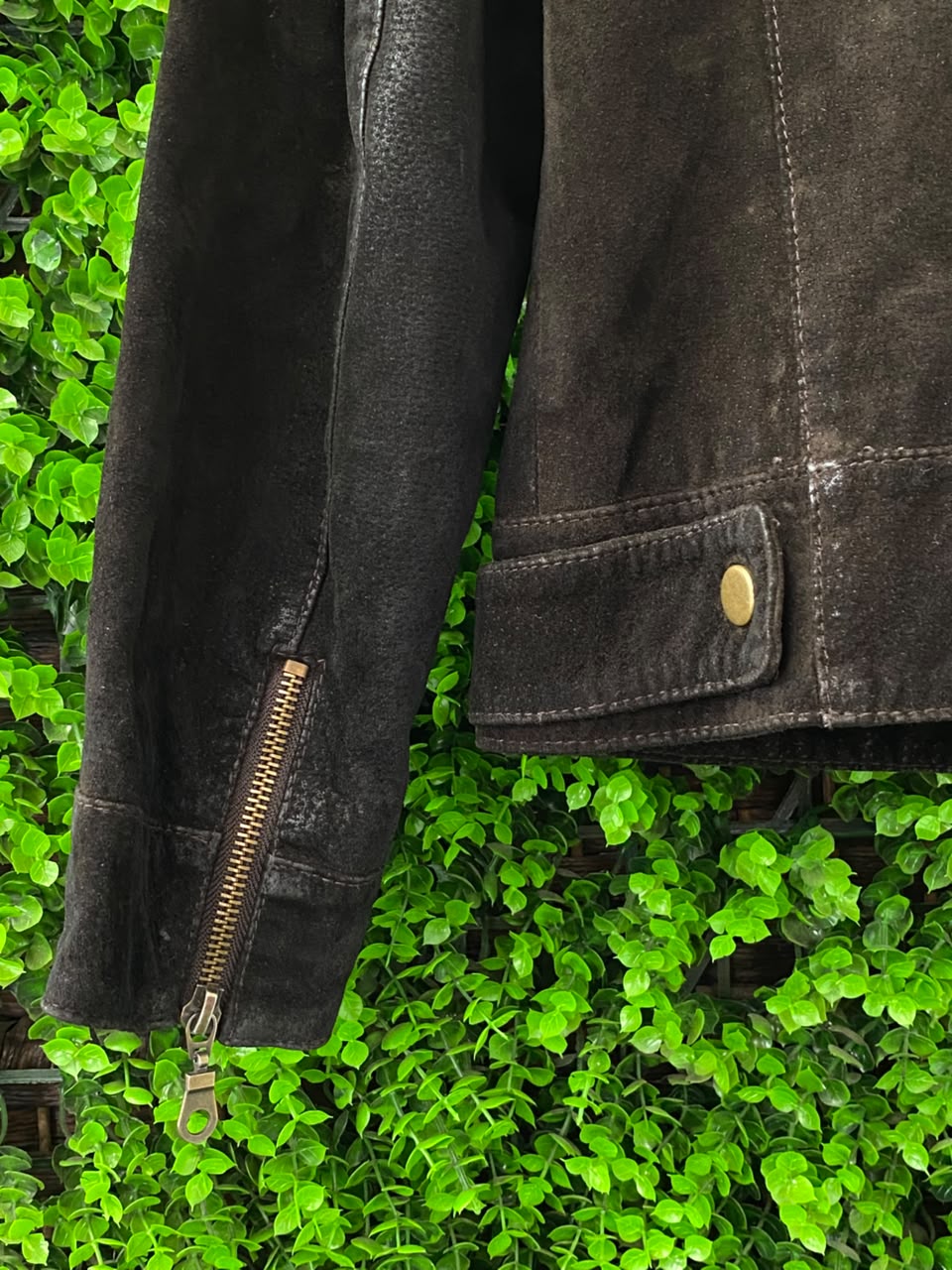 Black Real Pig-Suede Biker Jacket — sleeve detail
