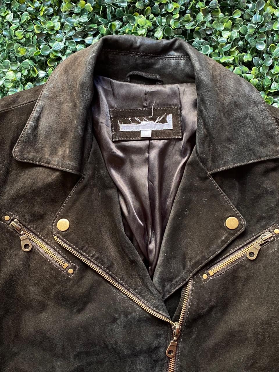 Black Real Pig-Suede Biker Jacket — collar detail