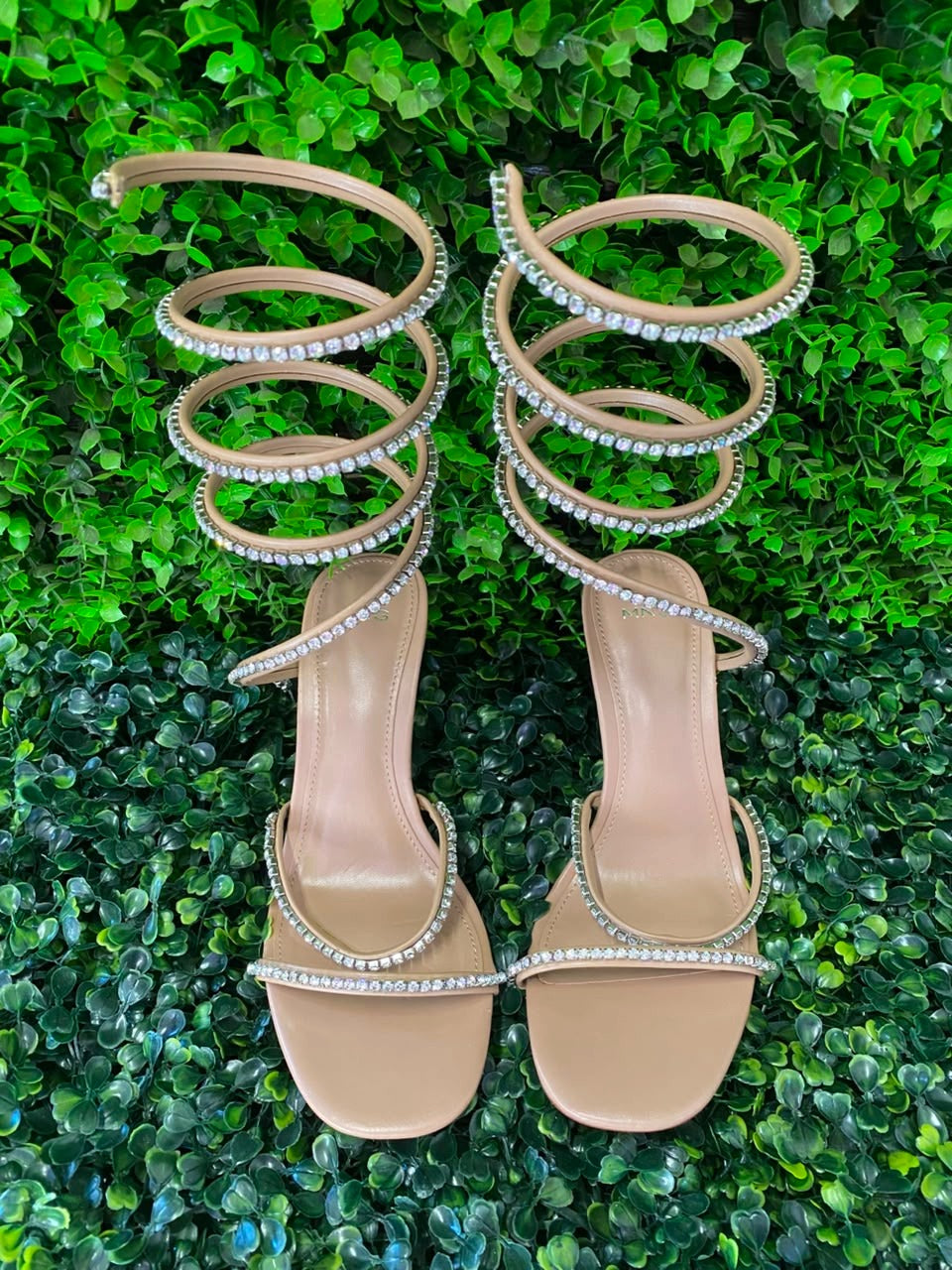 Mango Nude Rhinestone Spiral-Strap Heels