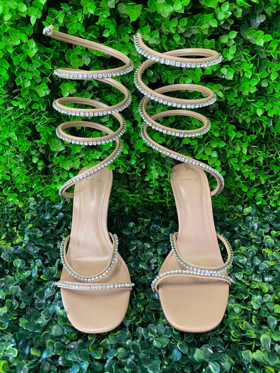 Mango Nude Rhinestone Spiral-Strap Heels