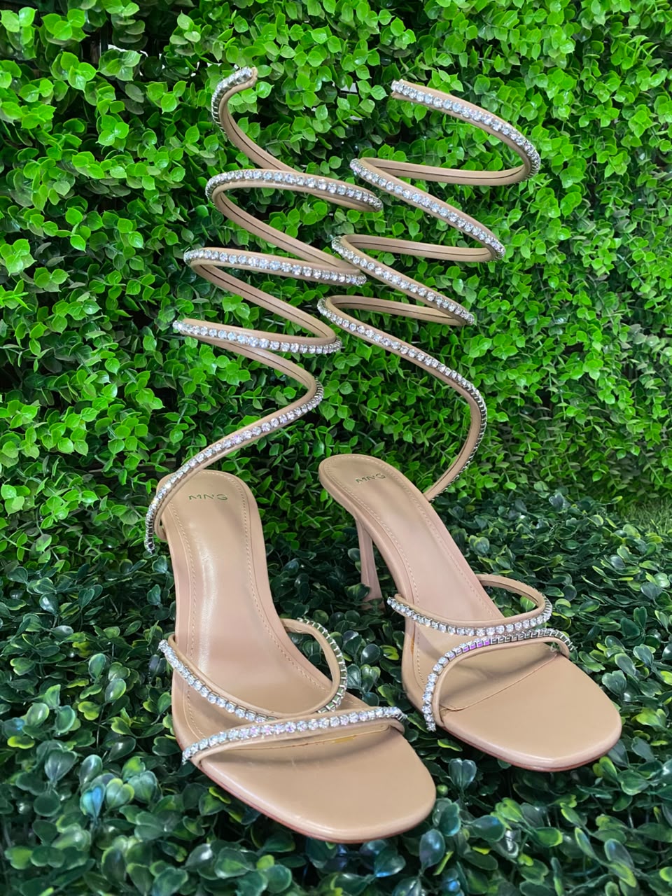 Mango Nude Rhinestone Spiral-Strap Heels
