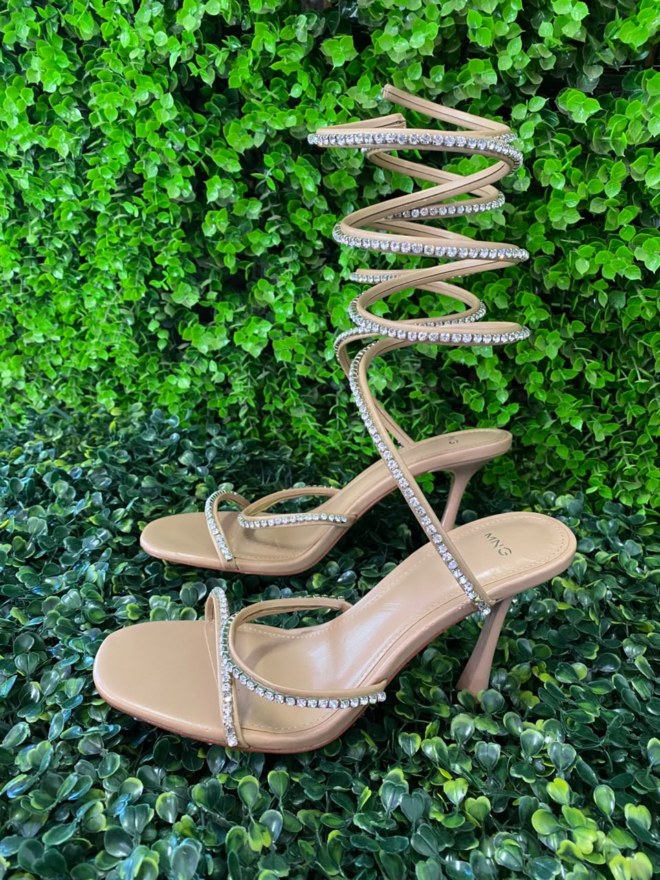 Mango Nude Rhinestone Spiral-Strap Heels
