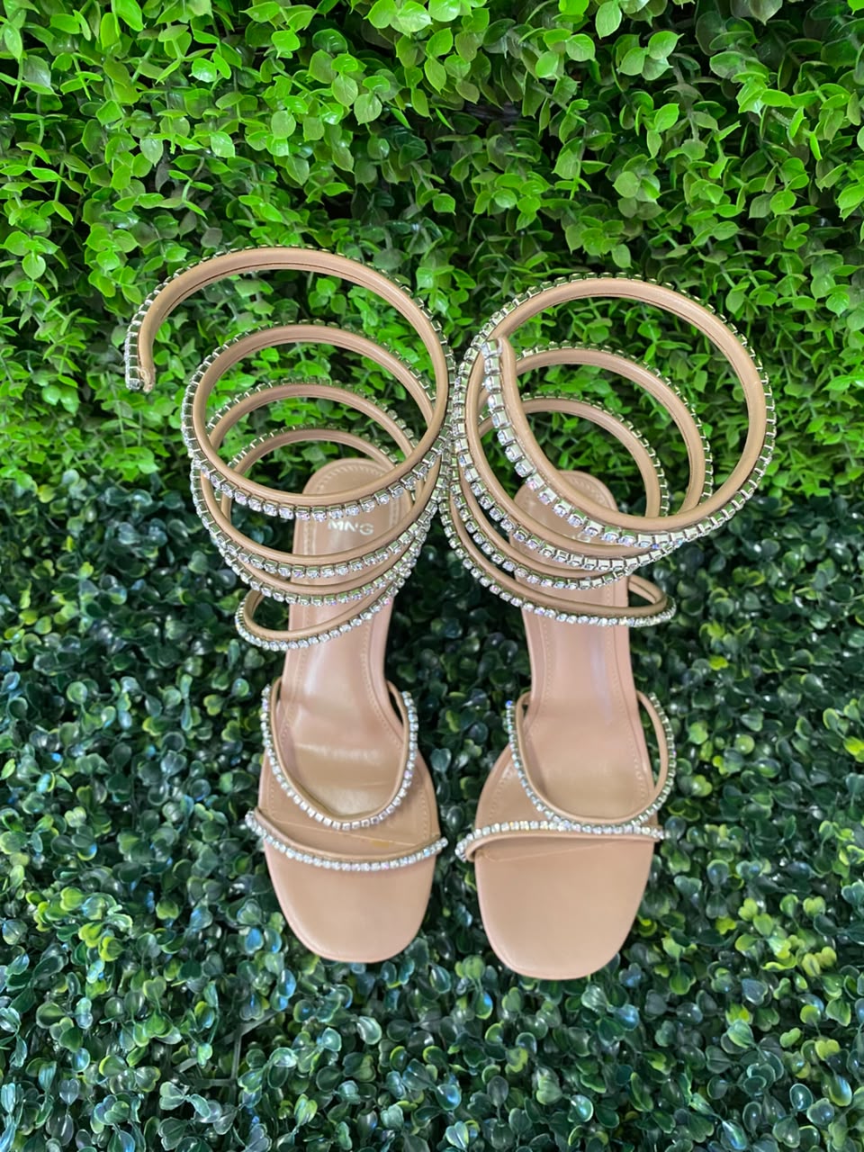 Mango Nude Rhinestone Spiral-Strap Heels