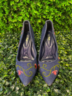 Navy Embroidered Pointed-Toe Flats