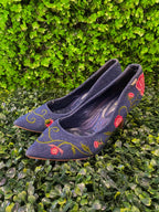 Navy Embroidered Pointed-Toe Flats