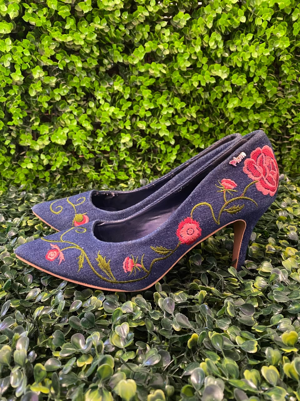 Navy Embroidered Pointed-Toe Flats