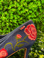 Navy Embroidered Pointed-Toe Flats