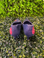 Navy Embroidered Pointed-Toe Flats