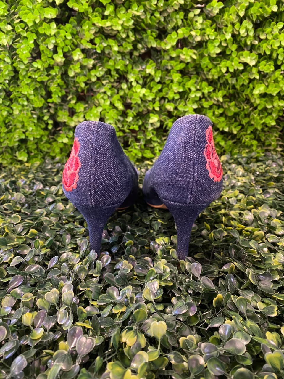 Navy Embroidered Pointed-Toe Flats