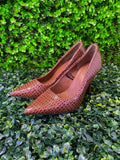 Brown Croc-Embossed Pointed Pumps