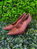 Brown Croc-Embossed Pointed Pumps