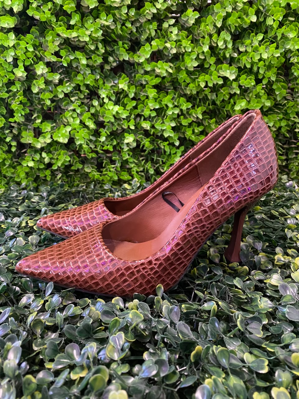 Brown Croc-Embossed Pointed Pumps