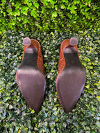Brown Croc-Embossed Pointed Pumps