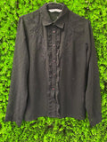 Zara Black Textured Ruffle Button-Up Blouse