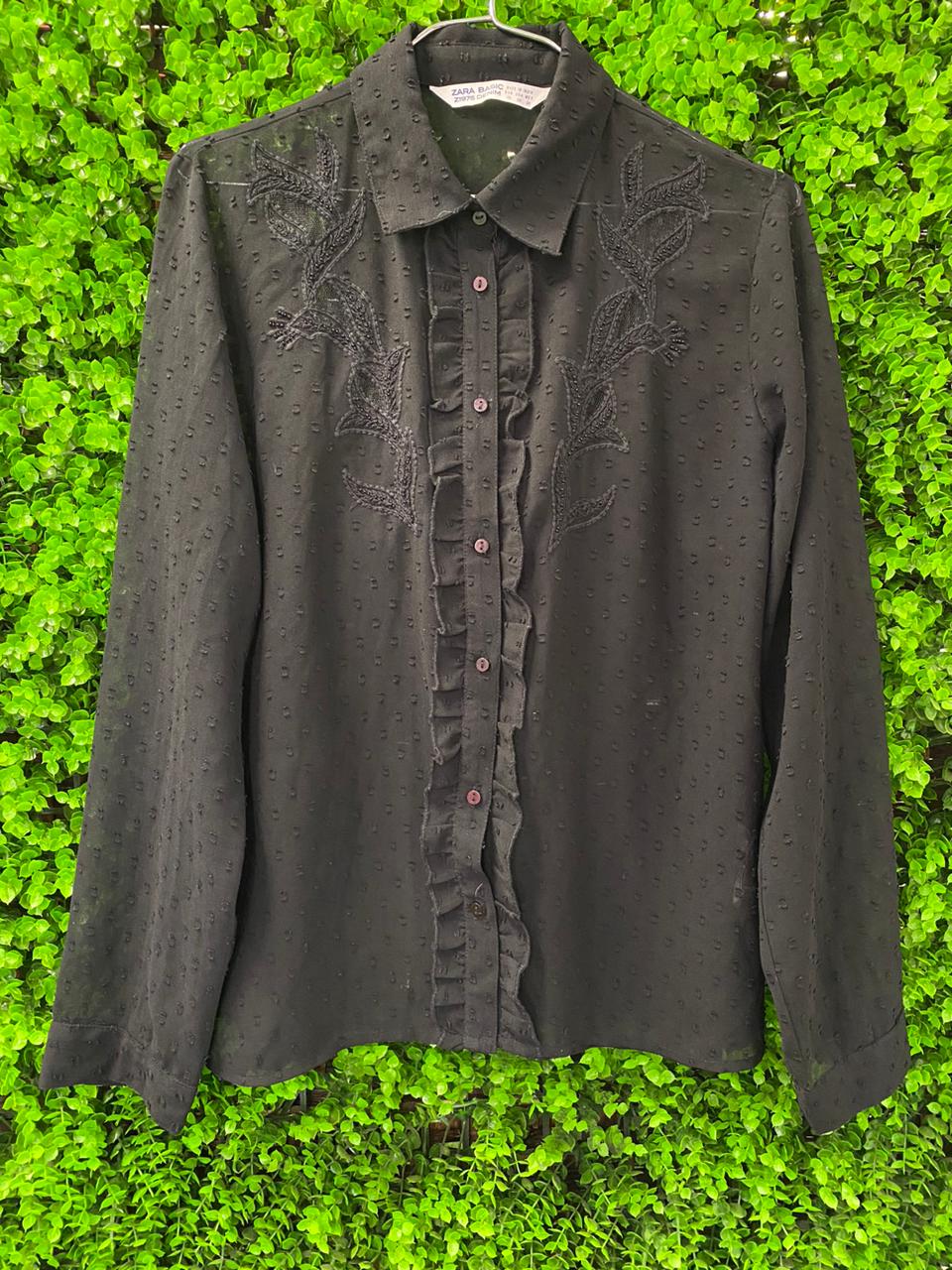 Zara Black Textured Ruffle Button-Up Blouse
