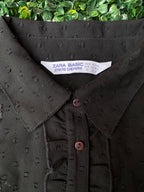 Zara Black Textured Ruffle Button-Up Blouse