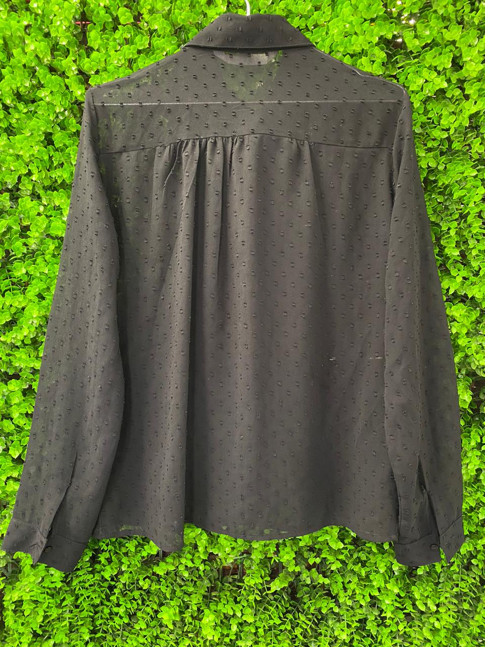 Zara Black Textured Ruffle Button-Up Blouse