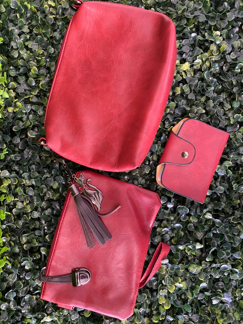 Red Three-Piece Handbag & Pouch Set