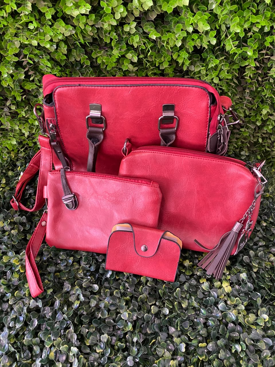 Red Three-Piece Handbag & Pouch Set
