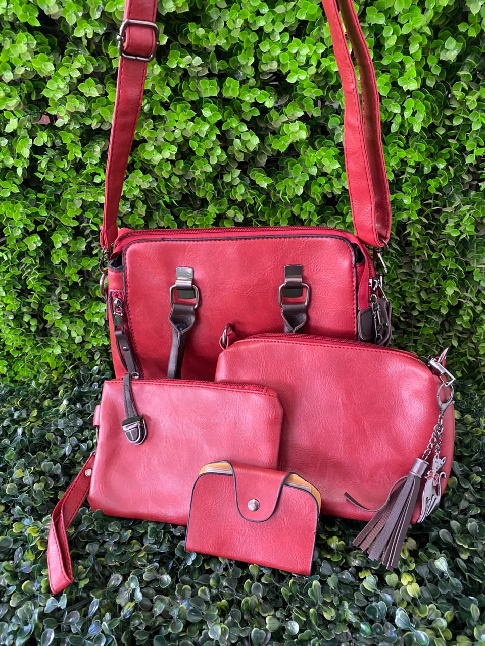 Red Three-Piece Handbag & Pouch Set