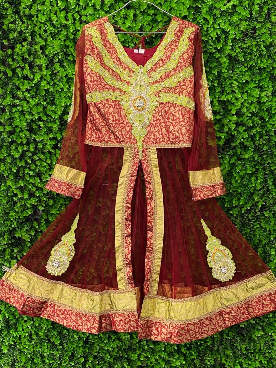 Burgundy & Gold Embroidered Traditional Maxi Dress