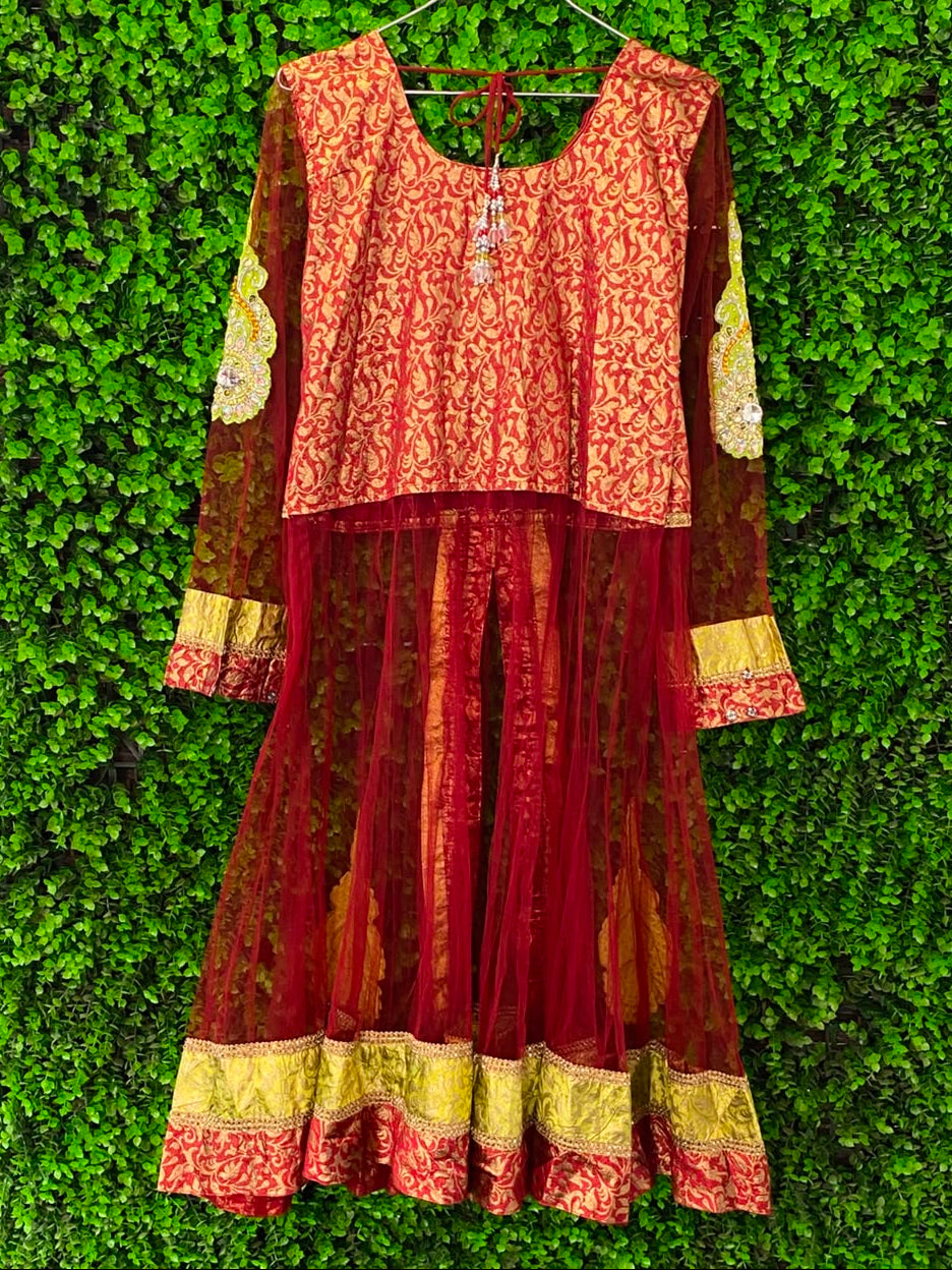 Burgundy & Gold Embroidered Traditional Maxi Dress