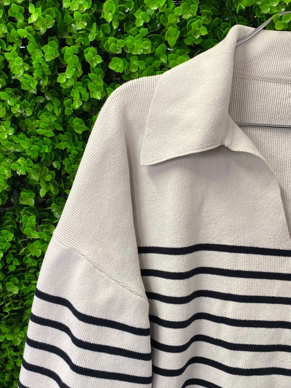 Ivory & Navy Stripe Collared Knit Sweater