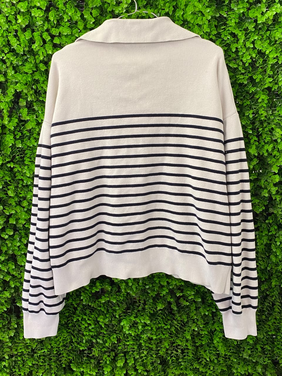 Ivory & Navy Stripe Collared Knit Sweater