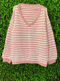 Blush & Ivory Chevron Knit V-Neck Sweater