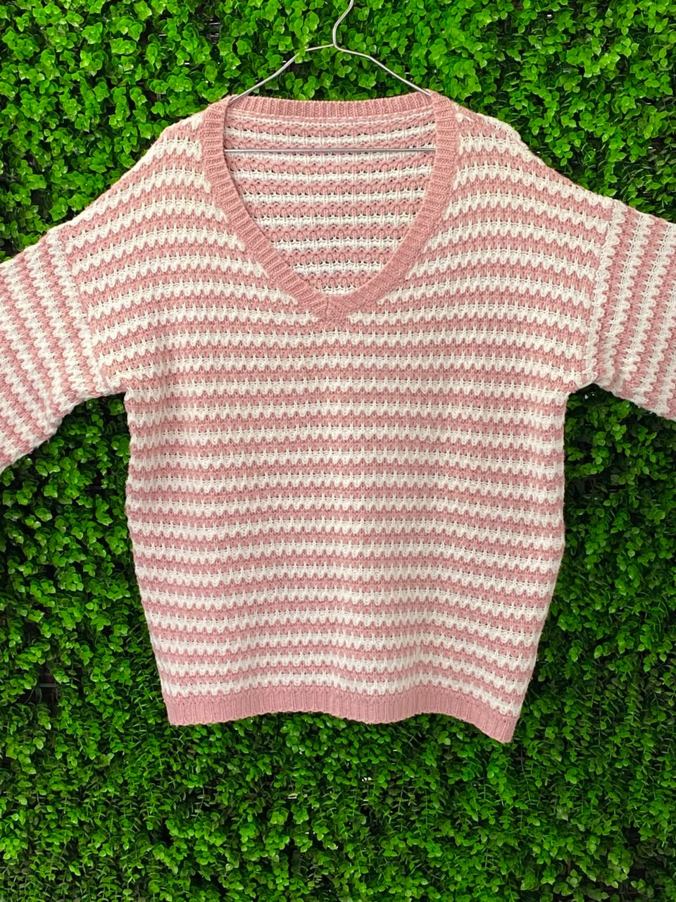 Blush & Ivory Chevron Knit V-Neck Sweater