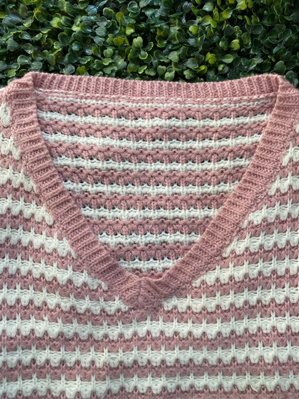 Blush & Ivory Chevron Knit V-Neck Sweater