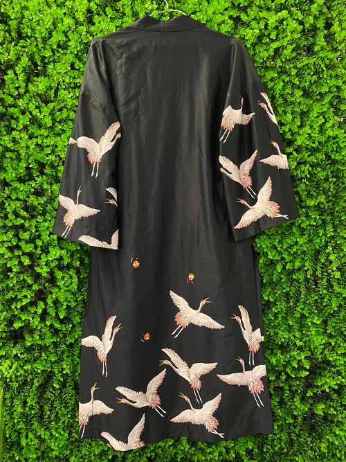 Black Crane Print Kimono Jacket